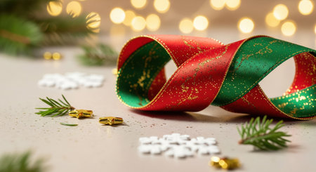 A sparkling red and green ribbon lies on a decorated surface with snowflakes, pine, and blurred Christmas lights in background.の素材