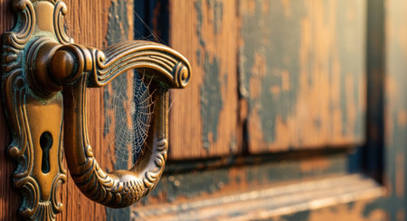 A close-up of an old, ornate door handle on weathered wood, partially covered in spider webs and lit by soft sunlight.の素材