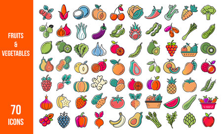 70 colorful icons of fruits and vegetables, perfect for enhancing food-related projects, healthy lifestyle campaigns, recipe blogs, nutrition infographics, and educational materials.の素材