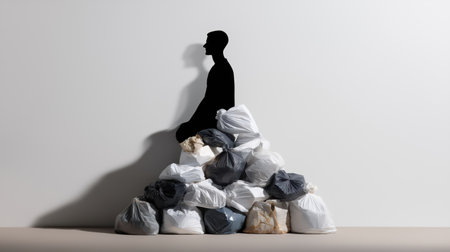 Minimal conceptual image of a personâs black shadow projected on a wall above a heap of plastic trash bags.の素材
