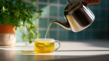 Hot herbal tea being poured from a stainless steel kettle into a glass cup on a sunlit kitchen counter near a plant.の素材
