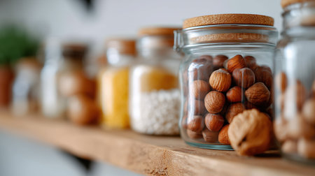 Close up of neatly arranged glass jars filled with nuts, grains, and dry ingredients on a wooden kitchen shelf.の素材
