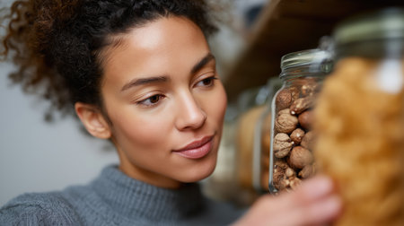 Young woman examining a glass jar of dried food items in a neatly organized kitchen or pantry shelf at home.の素材