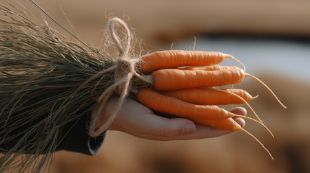 A bunch of freshly picked baby carrots tied with twine, held gently in a hand with a natural outdoor background.の素材