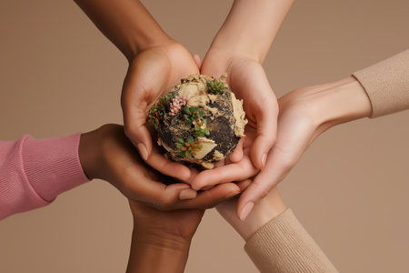 Multiple hands of different skin tones holding a small Earth model with moss and trees, symbolizing global unity and care.の素材