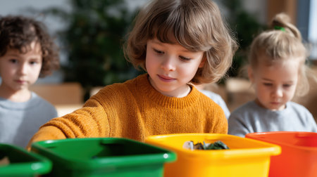 Young children sorting waste into green, yellow, and orange bins as part of an educational activity on recycling and environment.の素材