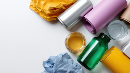 Assorted recyclable materials including cans, glass bottles, and crumpled paper arranged on a clean white background.の素材