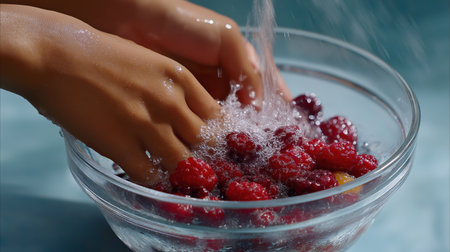 Hands rinsing fresh raspberries and cherries in a clear bowl under running water, symbolizing healthy eating and hygiene.の素材