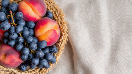 Juicy peaches and blue grapes arranged in a rustic woven basket, placed on a soft natural fabric surface, ideal for food themes.の素材