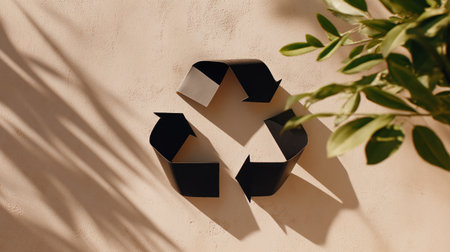 Minimal black recycling symbol on light beige wall, partially shadowed by plant leaves, representing eco design and sustainability.の素材