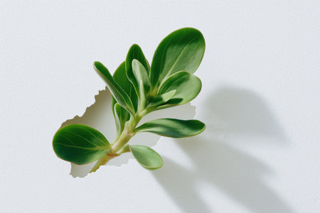 Young green sprout emerging through torn white paper background, symbolizing growth, resilience, and environmental awareness.の素材