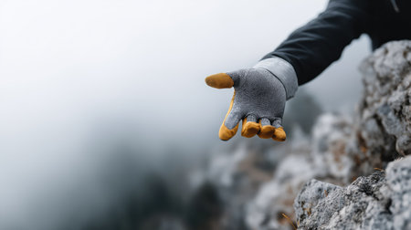 Climber extends a gloved hand over rocky terrain in foggy mountain conditions, symbolizing trust, teamwork, and outdoor adventure.の素材