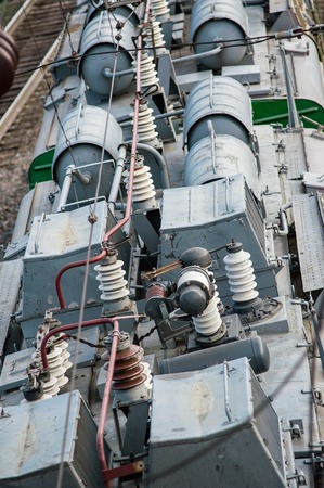 Train catenary. Electric locomotive. Shot from the top