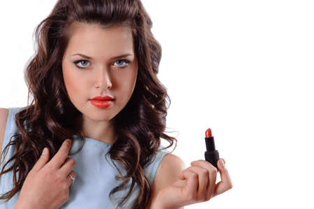 close up portrait of attractive brunette woman with red lipstick with copy spaceの写真素材