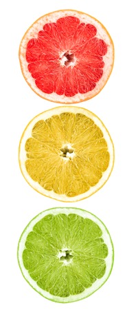 \"traffic lights\" from pieces of citrus fruit: lime, lemon, grapefruitの写真素材