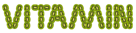 "vitamin" -  text of slices of kiwi on white background.の写真素材