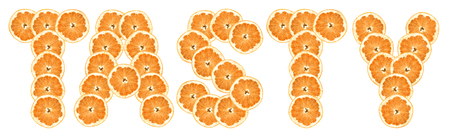 \"tasty\" -  text of slices of citrus fruit on white background.の写真素材
