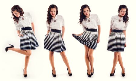 Young brunette girl in striped skirt on a white background collage of imagesの写真素材