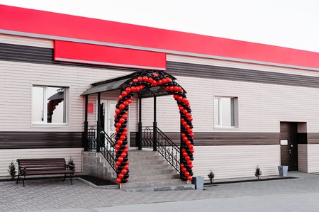 porch, the entrance to the industrial building, decorated with balls,の写真素材