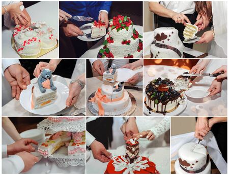 the ceremony of cutting the cake at the weddingの写真素材