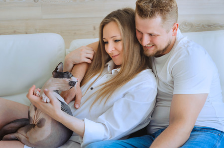Happy couple sitting together on sofa and holding a Sphynx catの写真素材