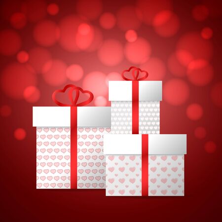 Present on Valentine's Day.  Gift boxes with heart. Red bokeh background. Vector illustrationのイラスト素材