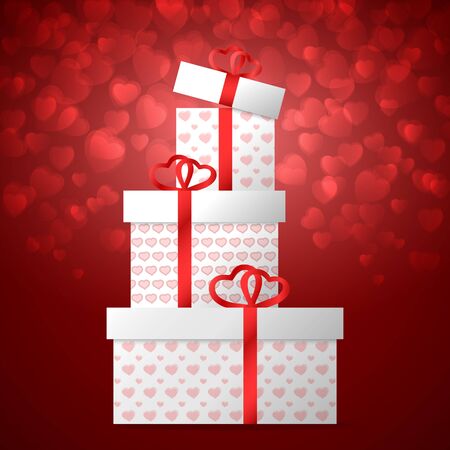 Gift boxes on Valentine's Day. Red heart bokeh background. Vector illustrationのイラスト素材