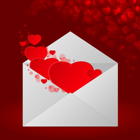 Open envelope with red hearts for Valentine's day. Red heart bokeh background. Vector illustrationのイラスト素材