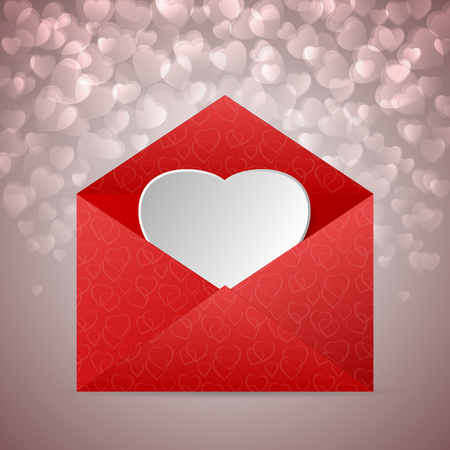 Open red envelope with big heart for Valentine's day. Heart bokeh background. Vector illustrationのイラスト素材