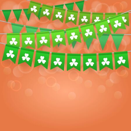 Green festive flags with shamrock on bokeh background. Irish holiday, celebration party. St. Patrick's day greeting card. Vector illustrationのイラスト素材