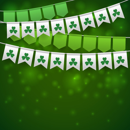 Festive flags with shamrock on green bokeh background. Irish holiday, celebration party. St. Patrick's day greeting card. Vector illustrationのイラスト素材