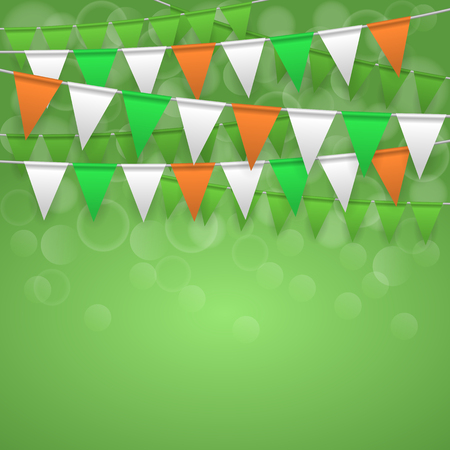 Colorful festive flags on green bokeh background. Irish holiday, celebration party. St. Patrick's day greeting card. Vector illustrationのイラスト素材