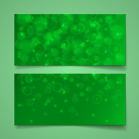 Green banners with bokeh and shamrock leaves. St. Patrick day cards. Vector illustrationのイラスト素材