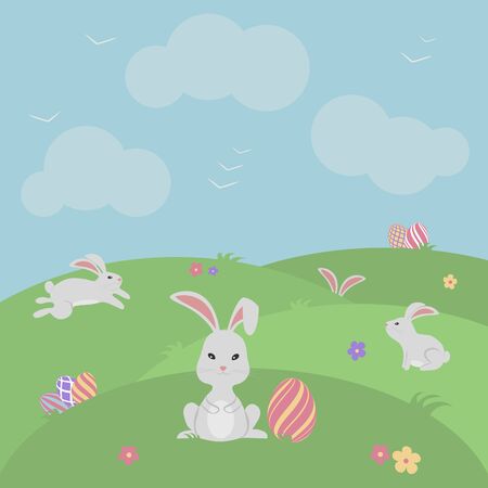 Easter greeting card with bunnies and decorated eggs. Vector illustrationのイラスト素材