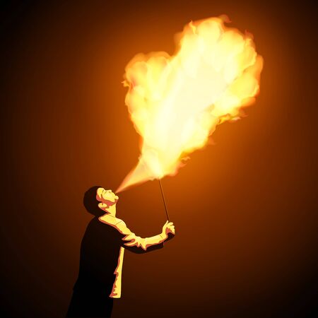 Fire show artist breathe fire in the night. Amazing fire performance. Vector illustrationのイラスト素材