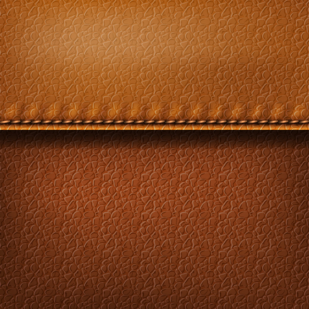 Realistic leather texture with a seam. Brown leather background with stitching. Vector illustrationのイラスト素材