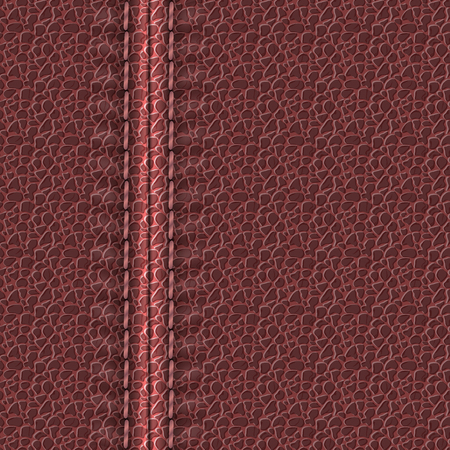 Realistic leather texture with a seam. Maroon leather background with stitching. Vector illustrationのイラスト素材