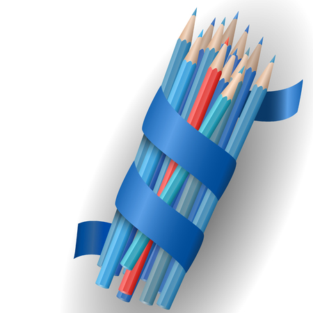 Single red pencil stands out amongst many blue pencils. School supplies concept. Vector illustrationのイラスト素材