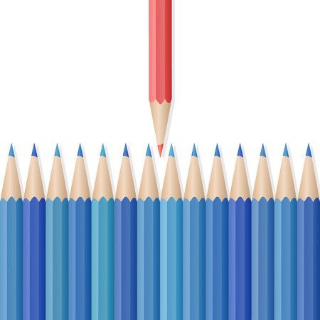 Single red pencil in opposite from many blue pencils. Bussiness strategy. Competition, opposition. School supplies concept. Vector illustrationのイラスト素材