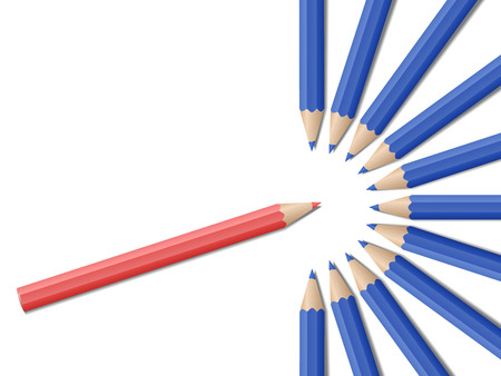 Single red pencil in opposite from many blue pencils. Bussiness strategy. Competition, opposition. School supplies concept. Vector illustrationのイラスト素材