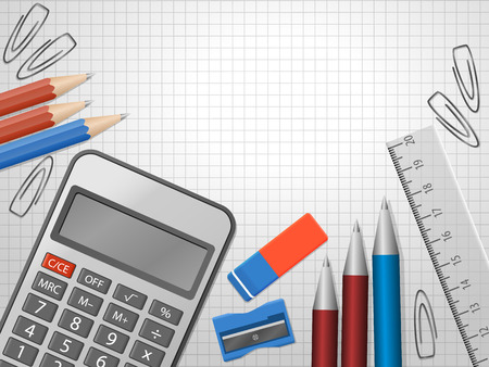 School supplies, pencils, pens, calculator, ruler, eraser with place for text. Back to school. Education and school concept. Vector illustrationのイラスト素材