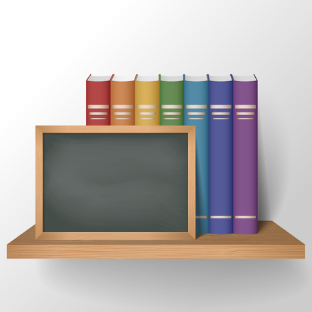 Bookshelves with multicolored books and chalkboard. Education and school concept. Vector illustrationのイラスト素材