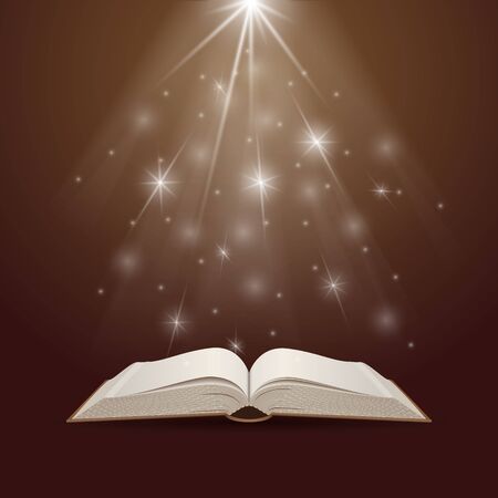 Open book with mystic bright light. Education and reading concept. Vector illustrationのイラスト素材