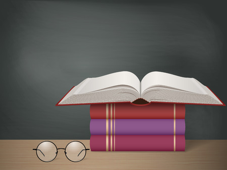 Stack of colorful books on the background of a school board. Education and school concept. Vector illustrationのイラスト素材