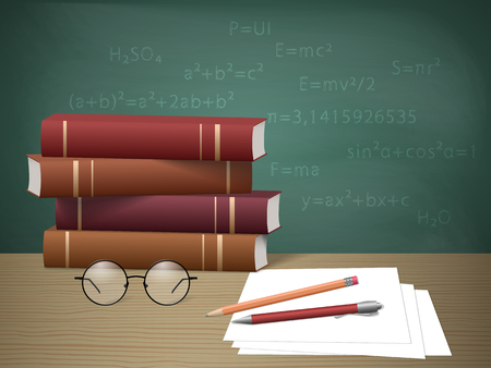 Stack of books on the background of a school board. Education and school concept. Vector illustrationのイラスト素材