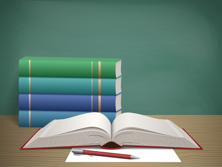 Books on the background of a school board. Education and school concept. Vector illustrationのイラスト素材
