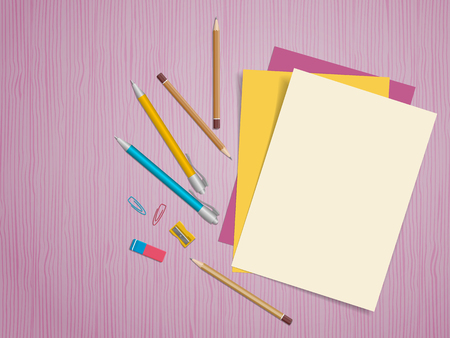 School supplies, colour pencils, pen, paper, eraser on wooden background with place for text. Back to school. Education and school concept. Vector illustrationのイラスト素材