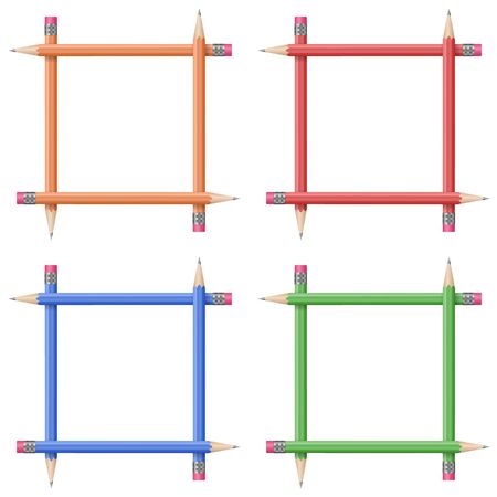 Multicolored square frames made from colored pencils with eraser. Vector illustrationのイラスト素材