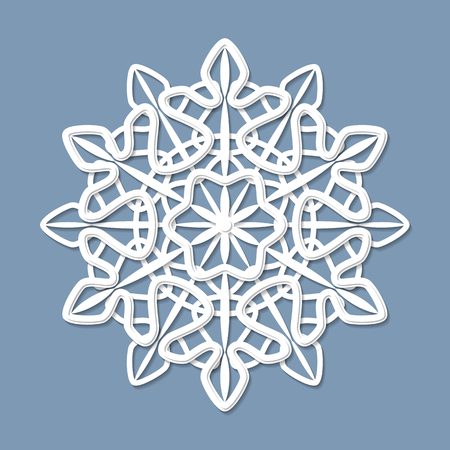 Round symmetrical openwork pattern, mandala, white lace snowflake, embossed pattern, decorative design element, winter decoration. Vector illustrationのイラスト素材