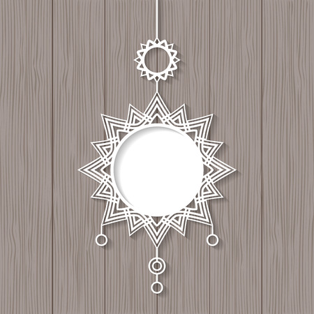 White lace pendant on wooden background. Decorative design element, lacy holiday decoration for Christmas and New Year. Vector illustrationのイラスト素材